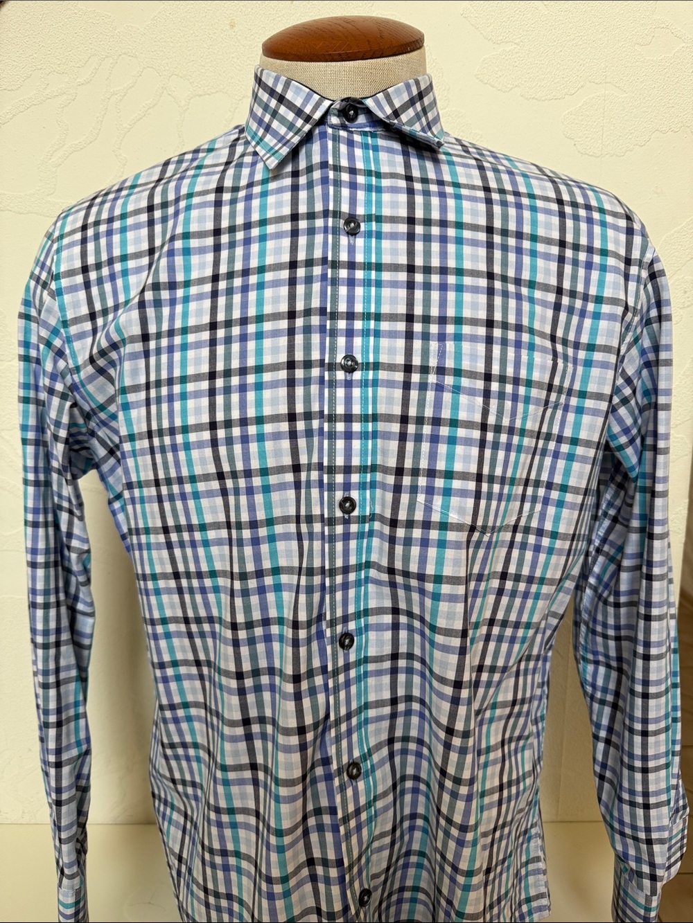 Tasso Elba Blue Teal White Plaid Button Down Long Sleeve Dress Shirt Size L